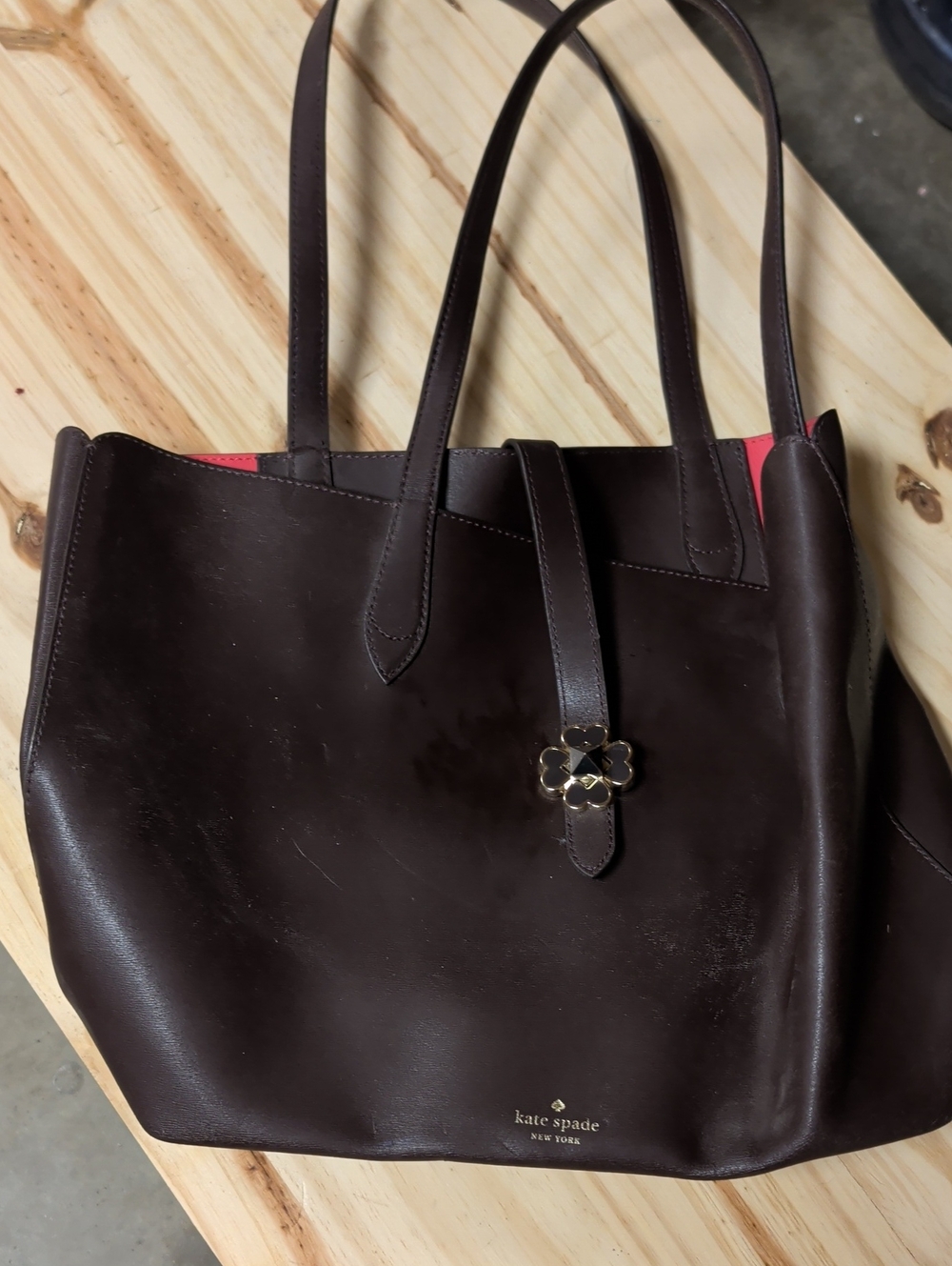 kate spade Brown Leather Tote with Pink Trim